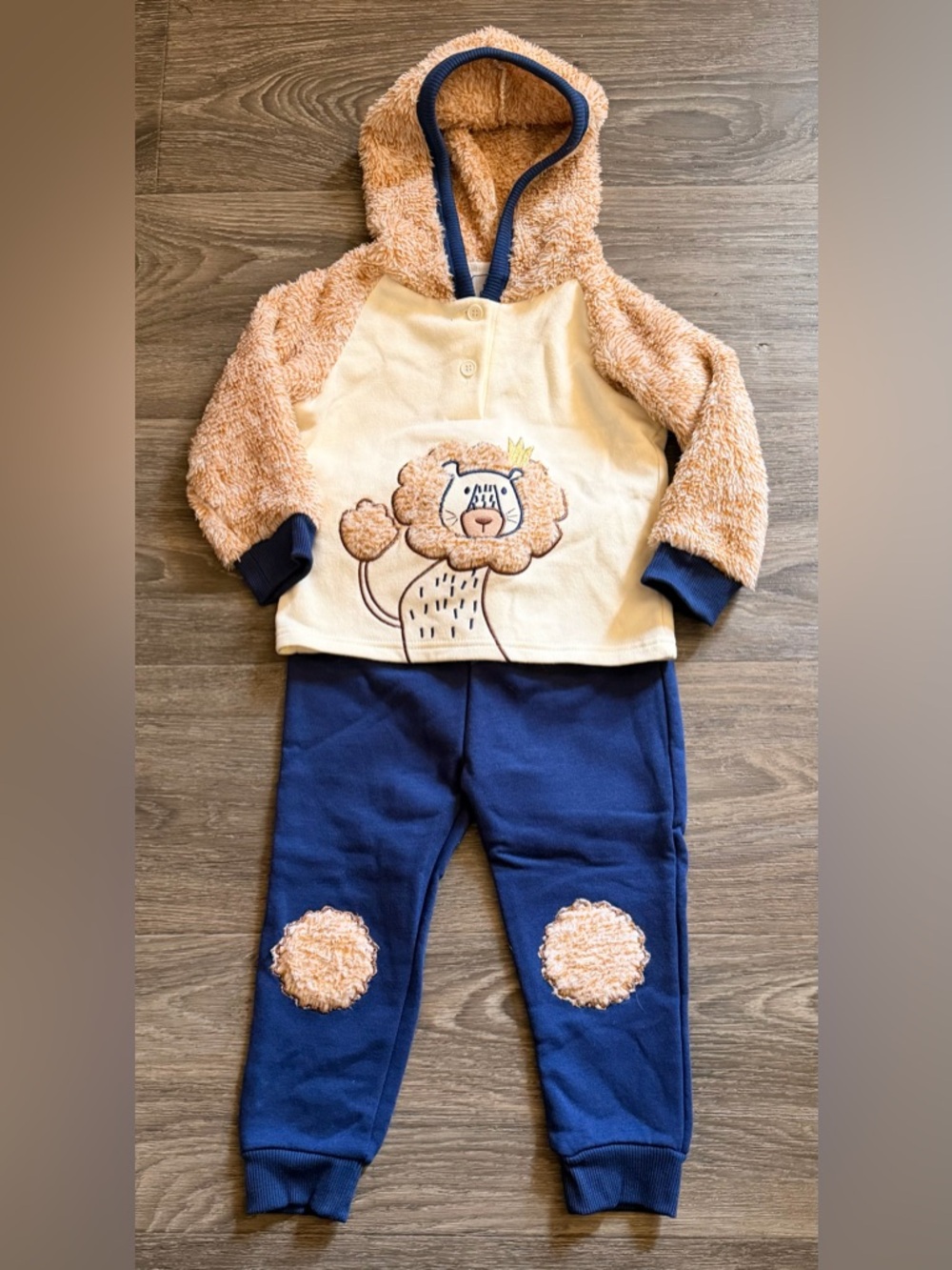 Cozy Lion Hoodie Set in Cream and Navy